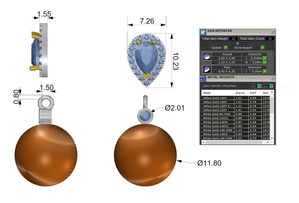 Jewellery CAD design specification sheet Perth - dimensions and gem report